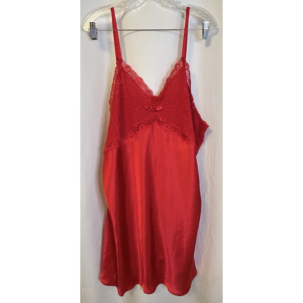 Red Liquid Satin Baby Doll Nightie Lace Trim Sexy Coquette Plus 3X Curvy